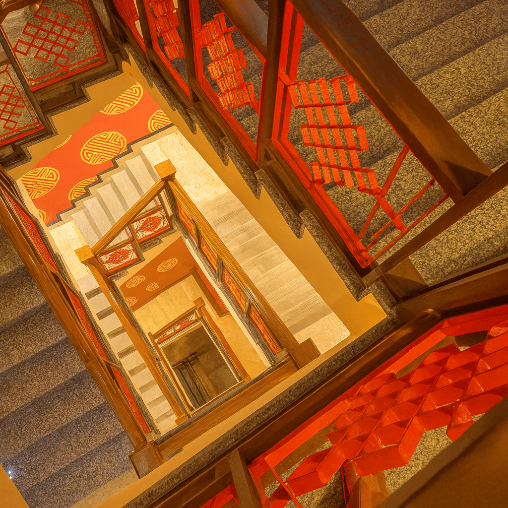 Elegant spiral staircase inside a 3-star hotel in Gangtok with polished granite steps, wooden handrails, and red decorative railings under premium warm lighting