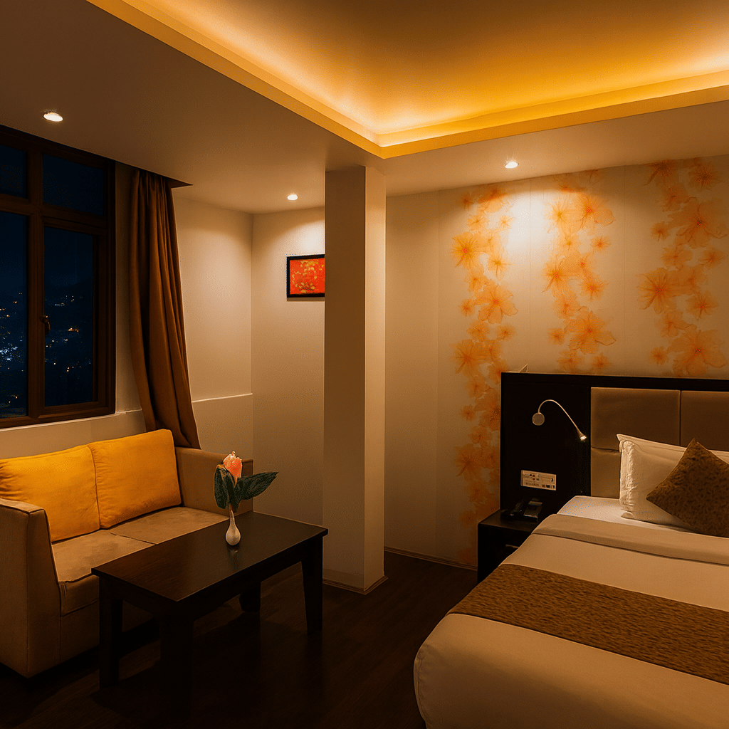 Stylish 3-star hotel room in Gangtok with cozy king-size bed, warm lighting, sofa seating, and large window offering night view of mountains and city lights