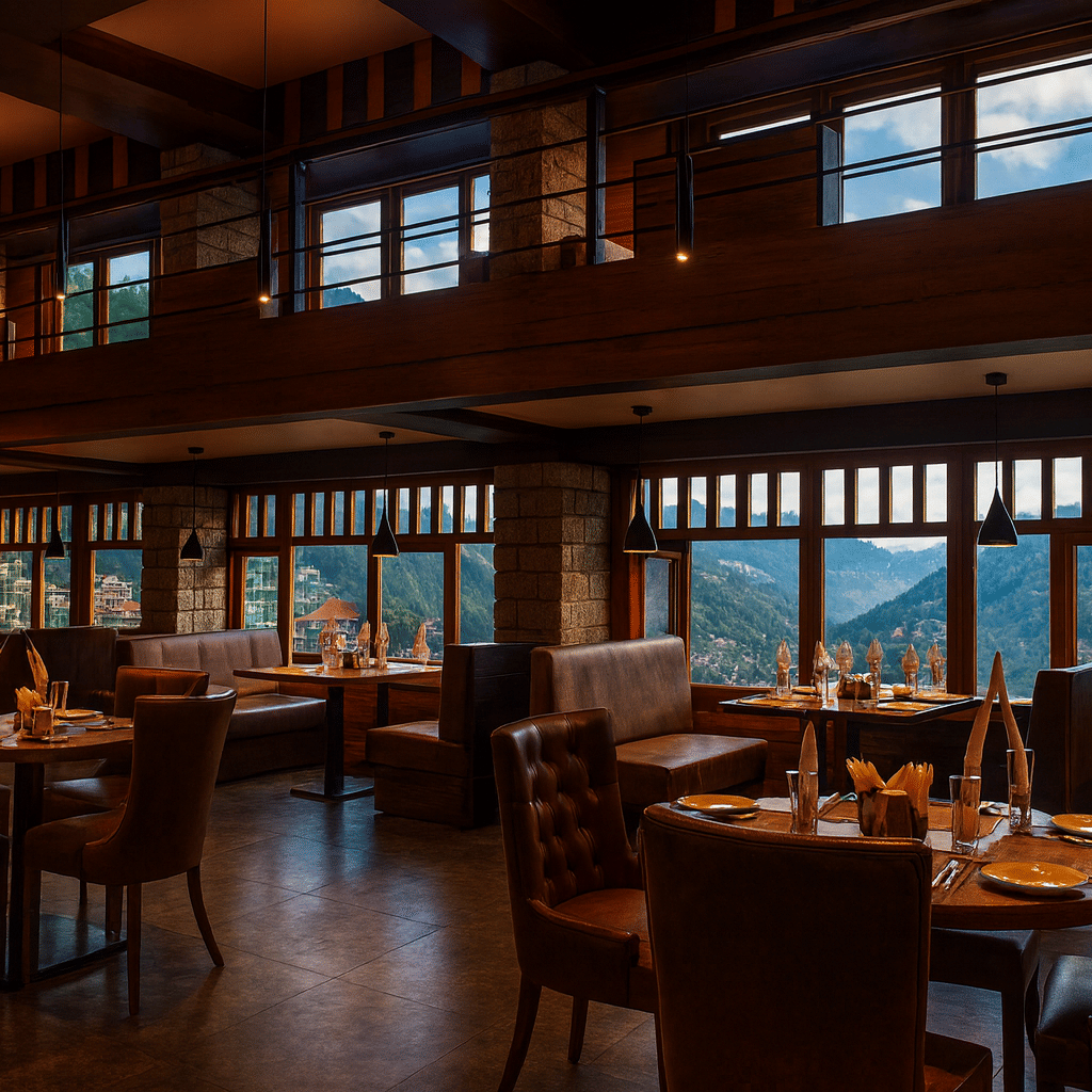 Premium 3-star hotel restaurant in Gangtok with elegant dining setup and stunning mountain views through large windows