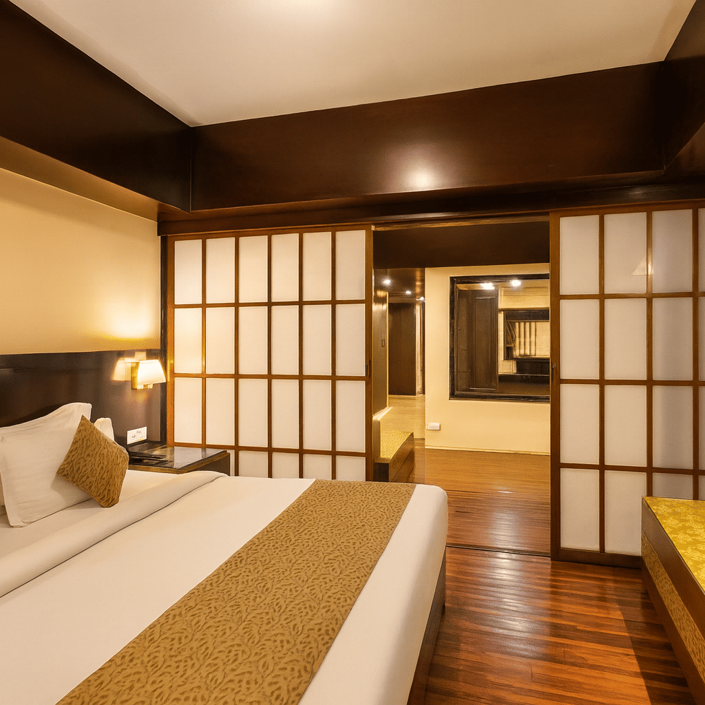 Premium hotel room with Japanese-inspired sliding wooden panels, king-sized bed, warm ambient lighting, and polished wooden flooring for a luxury 3-star stay in Darjeeling