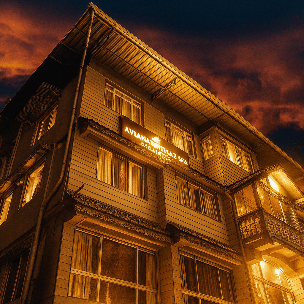 Heritage-style Avianna Seven Seas Hotel in Darjeeling with warm luxury lighting against a dramatic evening sky