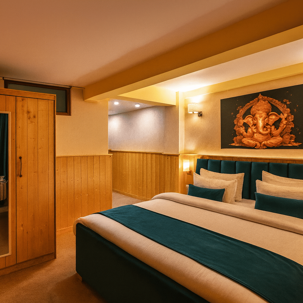 Luxury hotel room in Darjeeling with king-sized bed, teal accents, wooden furnishings, and Ganesh wall art under warm ambient lighting