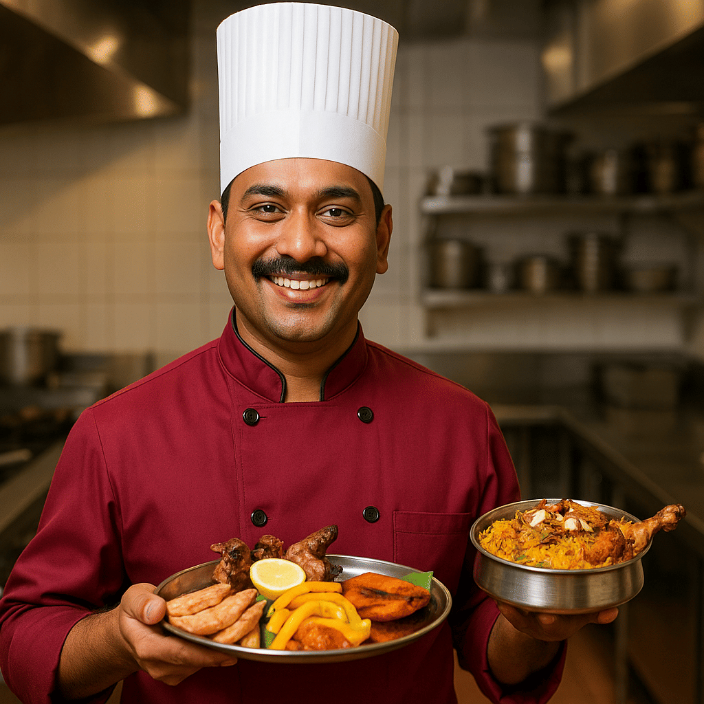 Indian chef in a maroon uniform smiling while holding biryani and grilled dishes inside a professional hotel kitchen at Avianna.