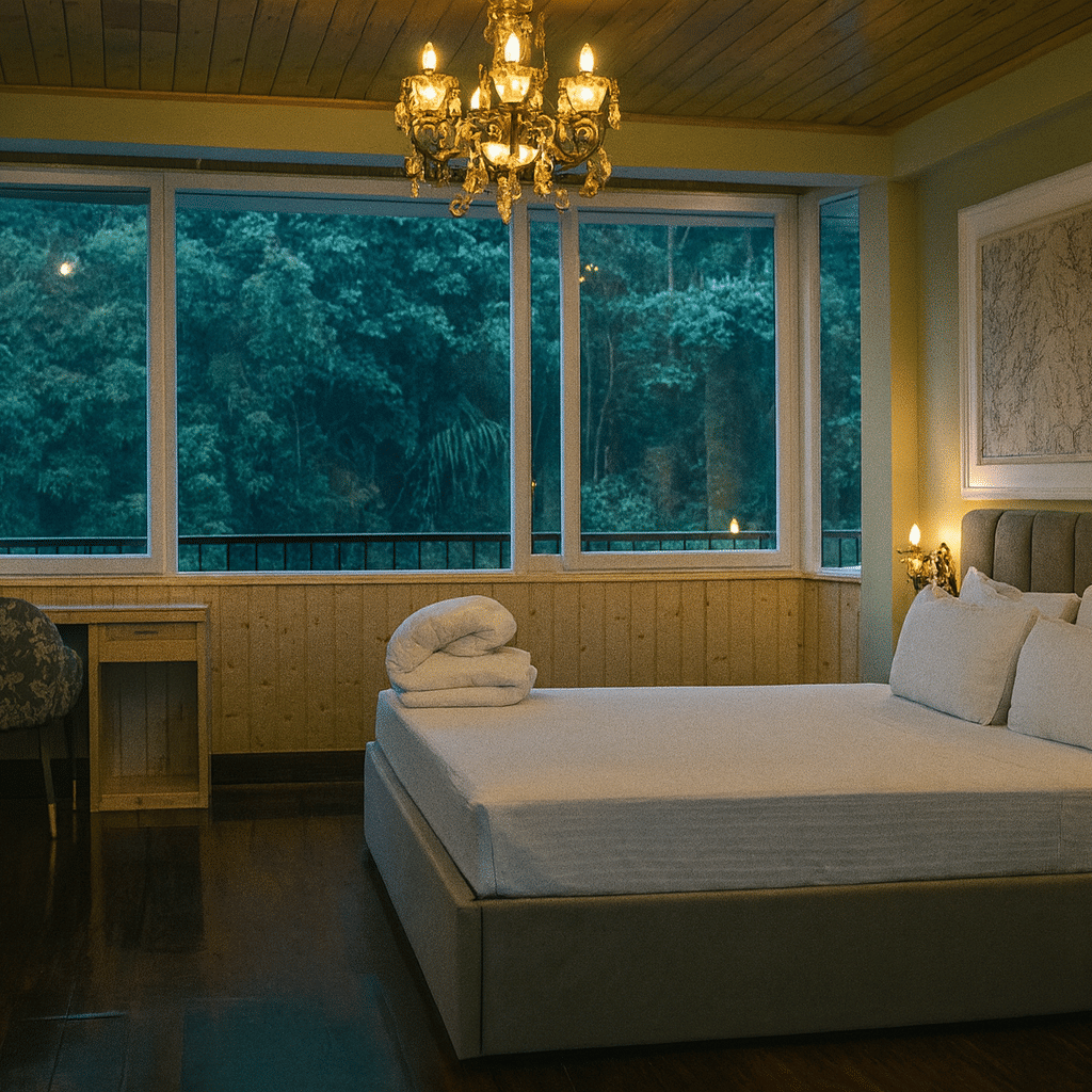 Luxury hotel room in Kurseong with chandelier, elegant bed, wooden interiors, and large windows overlooking lush green forest view