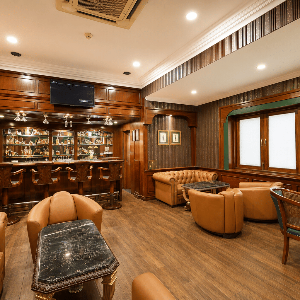 Cavalry Bar with backlit bottle shelves, carved wooden stools, tan leather seating, marble-topped tables and wood panelling at MAYFAIR Garden, Rourkela.