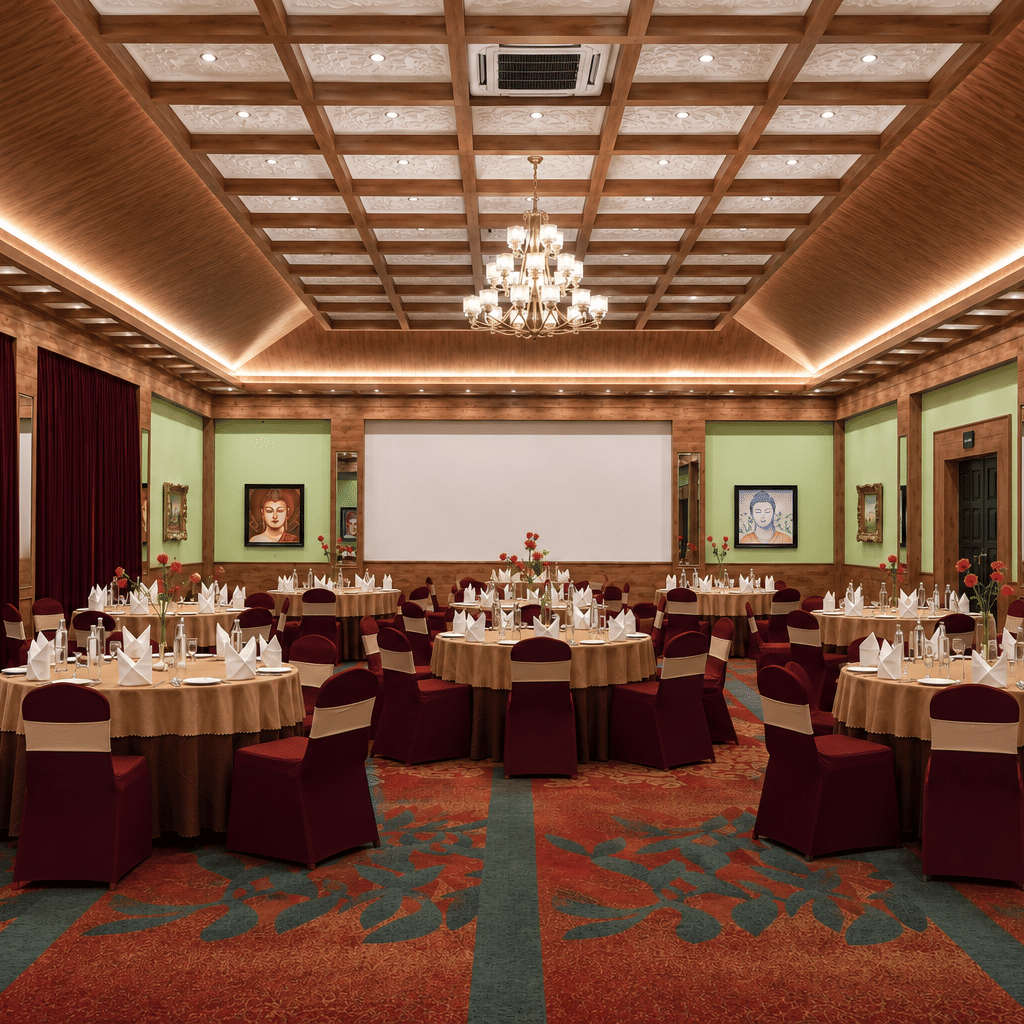 Everest Hall set for a banquet with round tables, maroon chair covers, a projector screen and a chandelier at MAYFAIR Himalayan Spa Resort, Kalimpong.