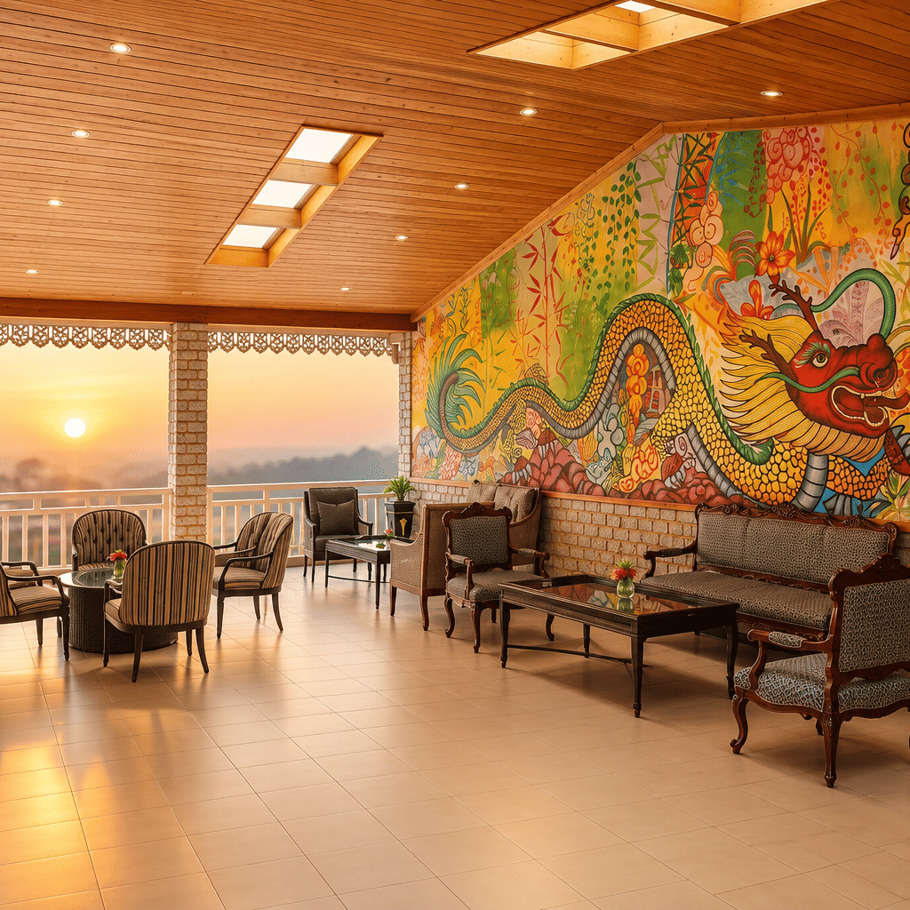 Sunset Point terrace with cushioned seating, a colourful dragon mural and a railing overlooking the valley at sunset at MAYFAIR Himalayan Spa Resort, Kalimpong.