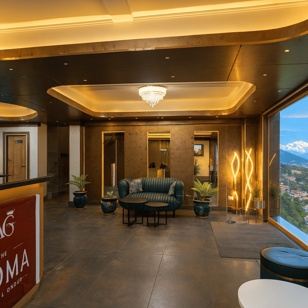 Luxury hotel lobby and reception area in Darjeeling with chandelier lighting, modern seating, elegant interiors, and large window showcasing panoramic mountain views
