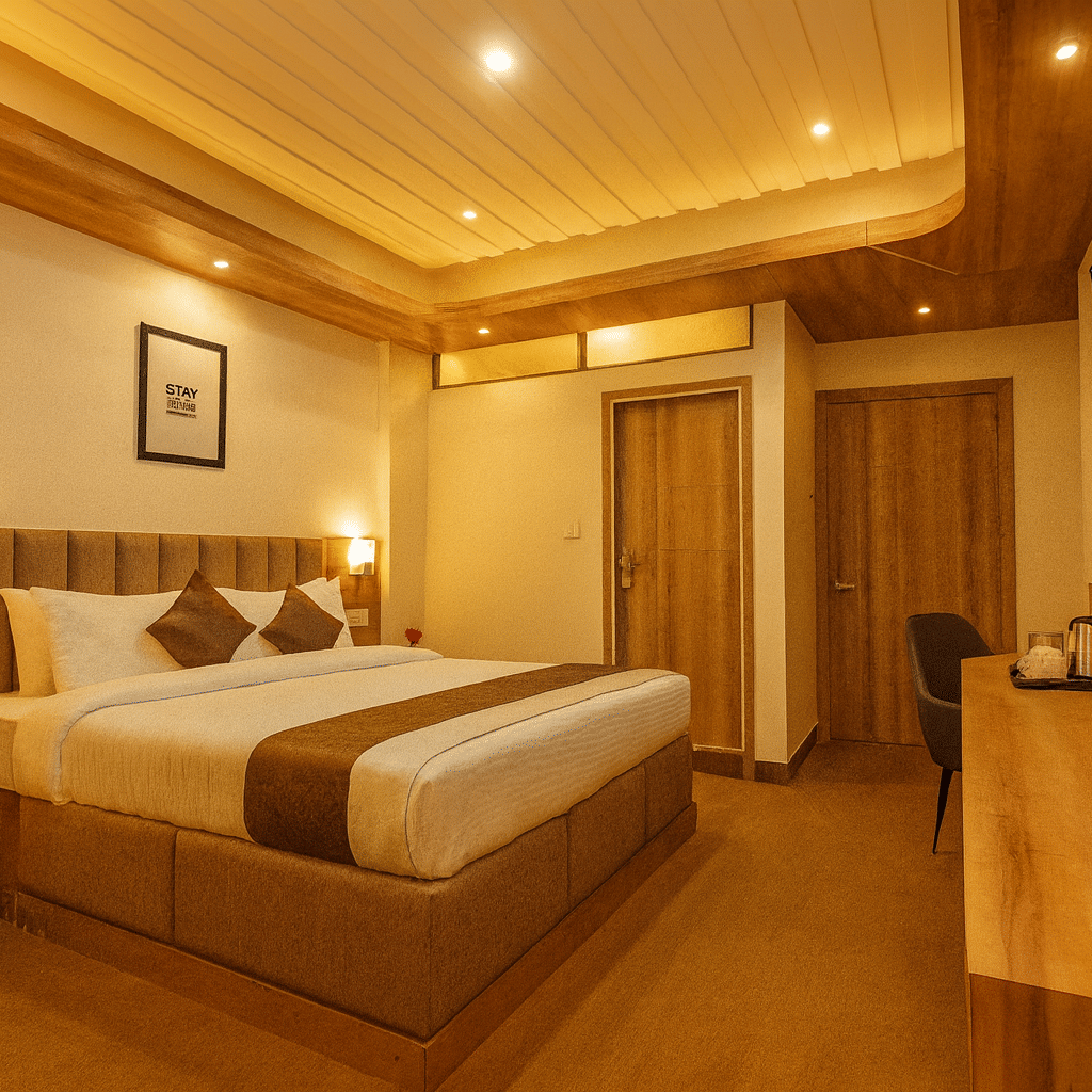 Deluxe hotel room in Darjeeling with king-sized bed, warm wooden interiors, elegant lighting, and modern amenities for a premium 3-star stay
