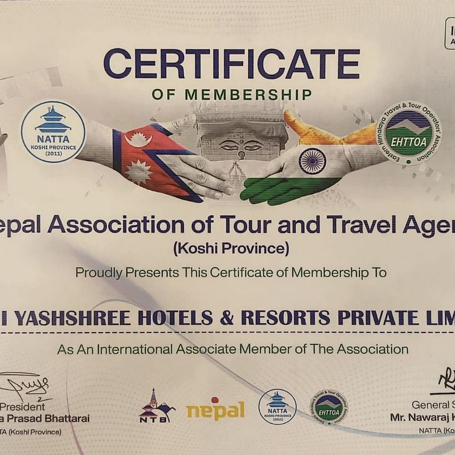 Certificate of Membership from the Nepal Association of Tour and Travel Agents, awarded to Sumi Yashshree Hotels & Resorts Private Limited