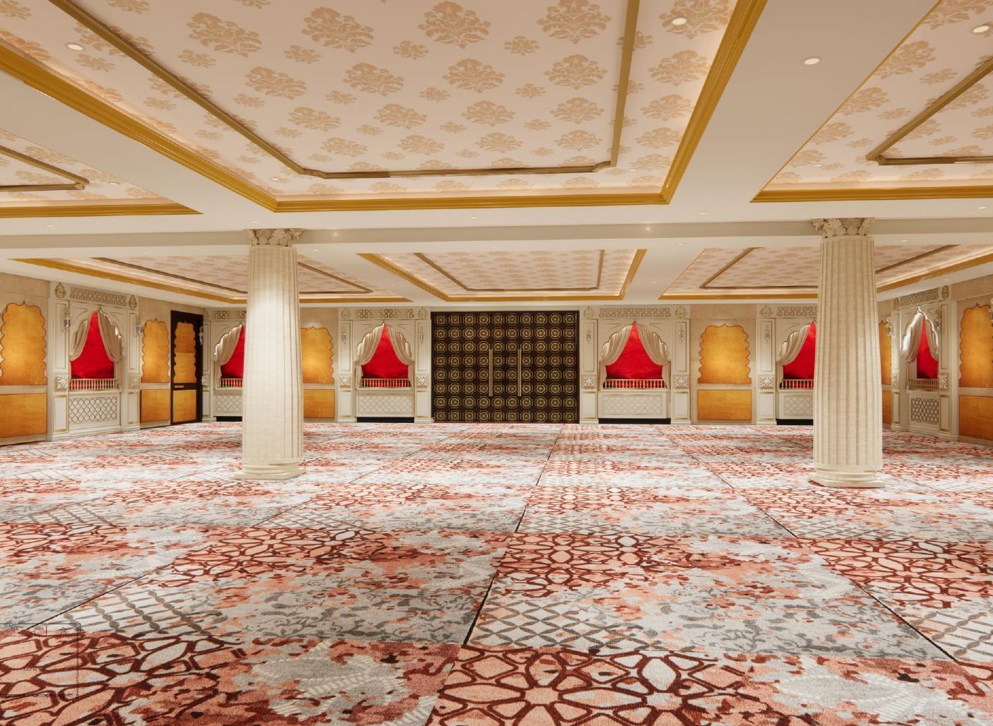Event venue with floral-themed ceilings, towering pillars, soft ambient lighting, and walls mimicking traditional Indian window frames