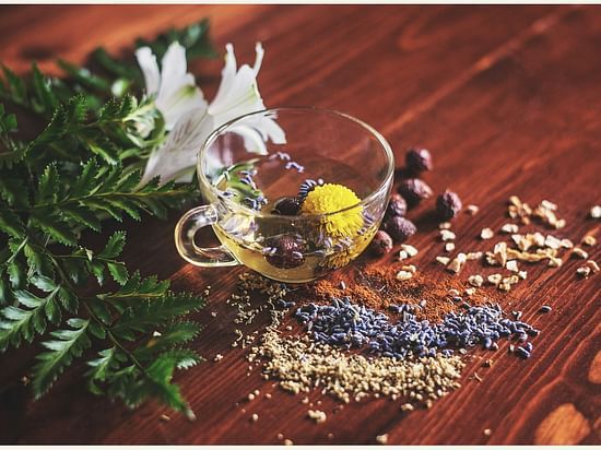 A cup of herbal tea surrounded by dried flowers, herbs, and natural elements on a wooden surface.