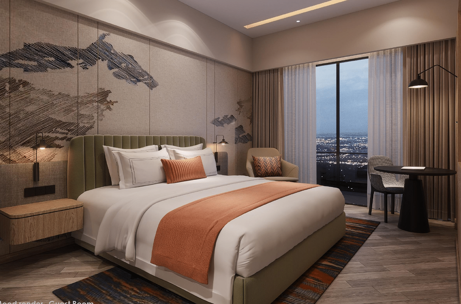 Image of room with bed and lamp besides the bed.