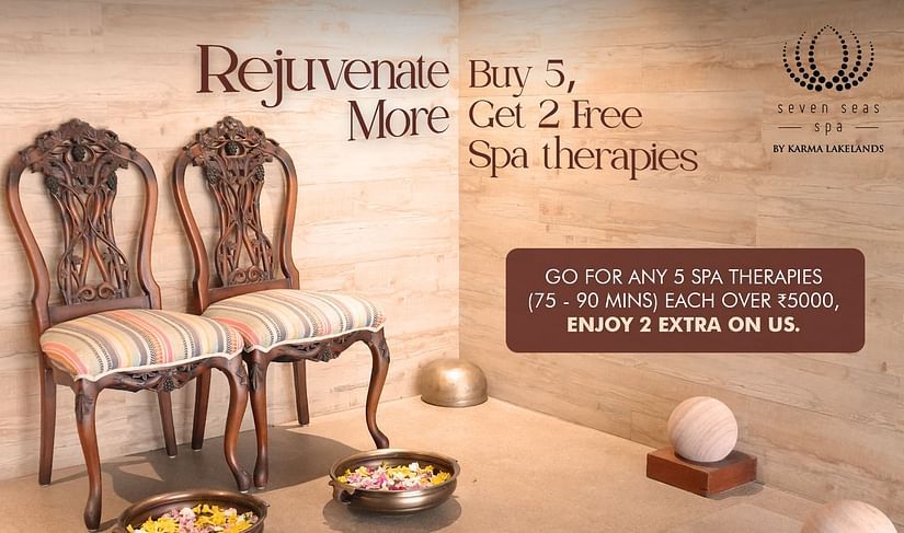 Rejuvenate More Spa Offer, This spa offer banner shows two ornate chairs and spa accessories. The promotion is: Buy 5 spa therapies each over INR5000, and enjoy 2 extra on us.