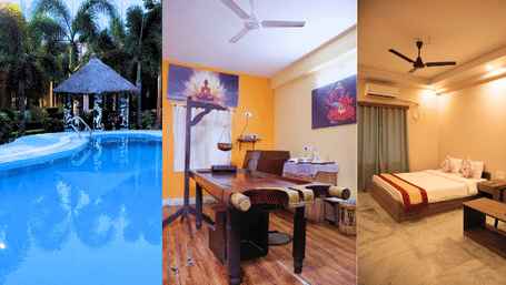 A collage of Shophori Wellness Retreat in Santiniketan showcasing the swimming pool, its room with wooden flooring, well-lit interiors, and an exterior view of the property's building alongside trees.