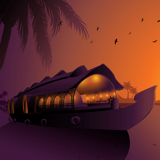 A stylised illustration depicts a houseboat illuminated from within, moored on calm water at sunset with silhouetted palm trees and birds.