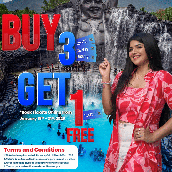 Promotional poster for Black Thunder water theme park advertises Buy 3 Get 1 Free ticket offer with woman in red saree standing near blue pool water and mountain waterfall sculpture backdrop.