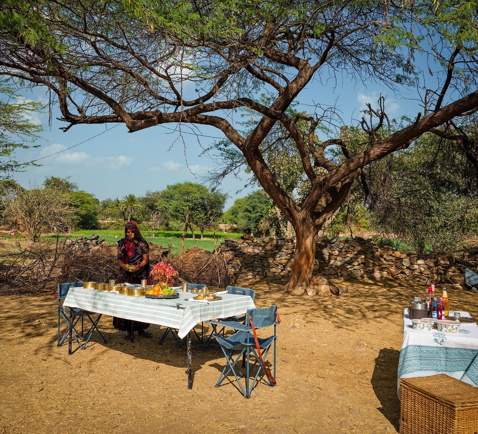 Image of out door farm lunch at Dev Shree, Deogarh featuring well arranged seating areas waith a lot of dishes