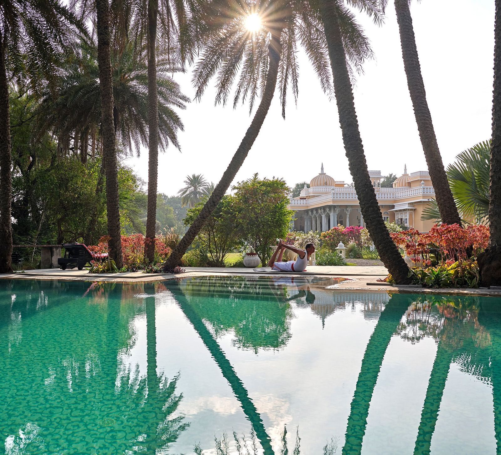 image featuring a calm swimming pool surrounded by towering palm trees at dev shree, deogarh