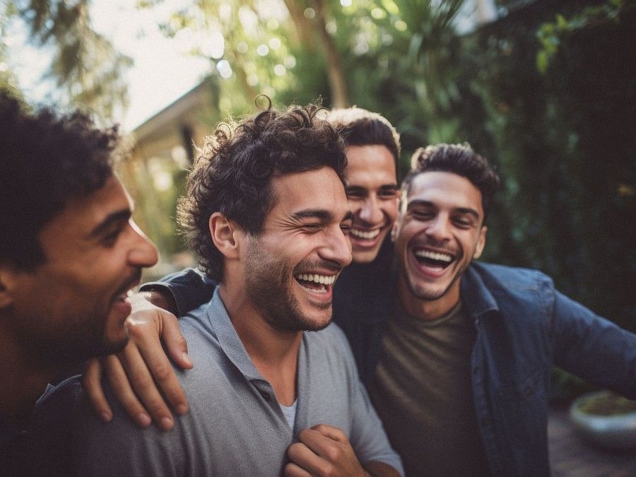 Four men laughing in a very joyful mood, in the middle of a dense forest.