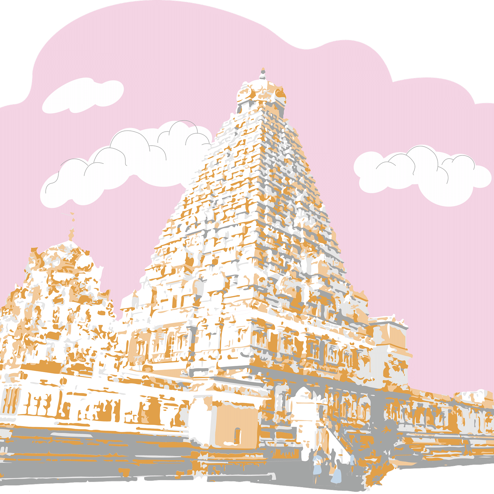 A stylised temple illustration set against a soft pink cloud, blending tradition with modern art.