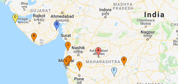 a map of India with pins on different cities in India