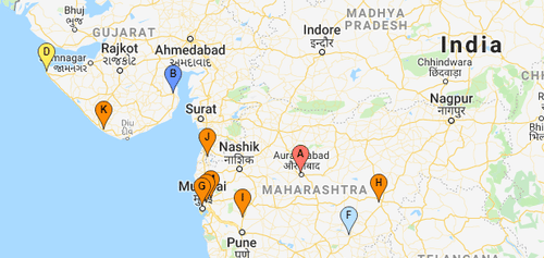a map of India with pins on different cities in India