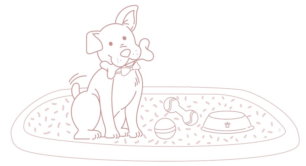 Illustration of a dog with a bowl, bone, and ball, associated with Karma Chalets.