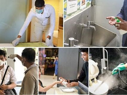 Collage showing staff sanitising hotel premises thoroughly.