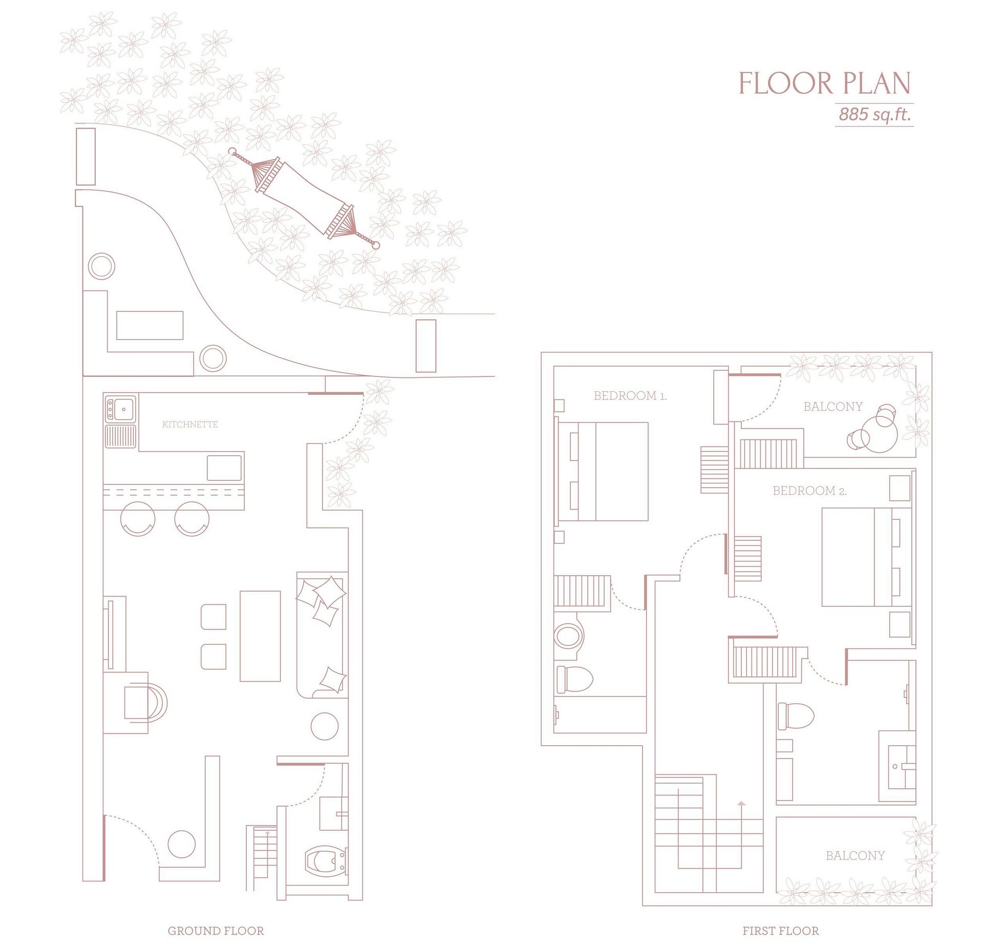 Architectural floor plans displaying room and furniture layouts for units at Karma Chalets.