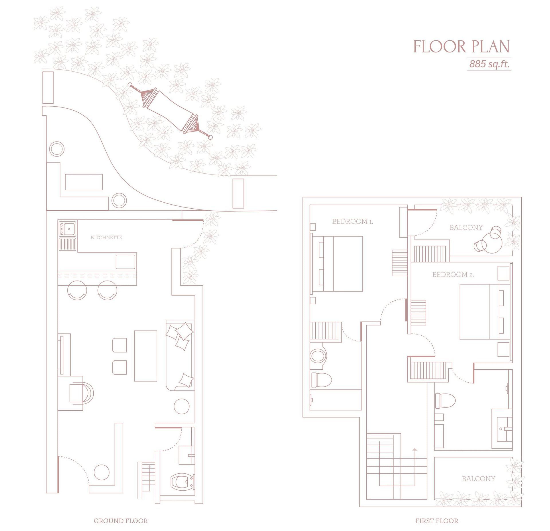 Architectural floor plans displaying room and furniture layouts for units at Karma Chalets.