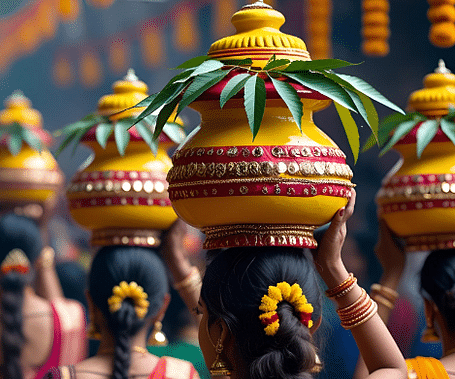 Women carrying decorated pots during Bonalu festival celebration in Hyderabad, India
