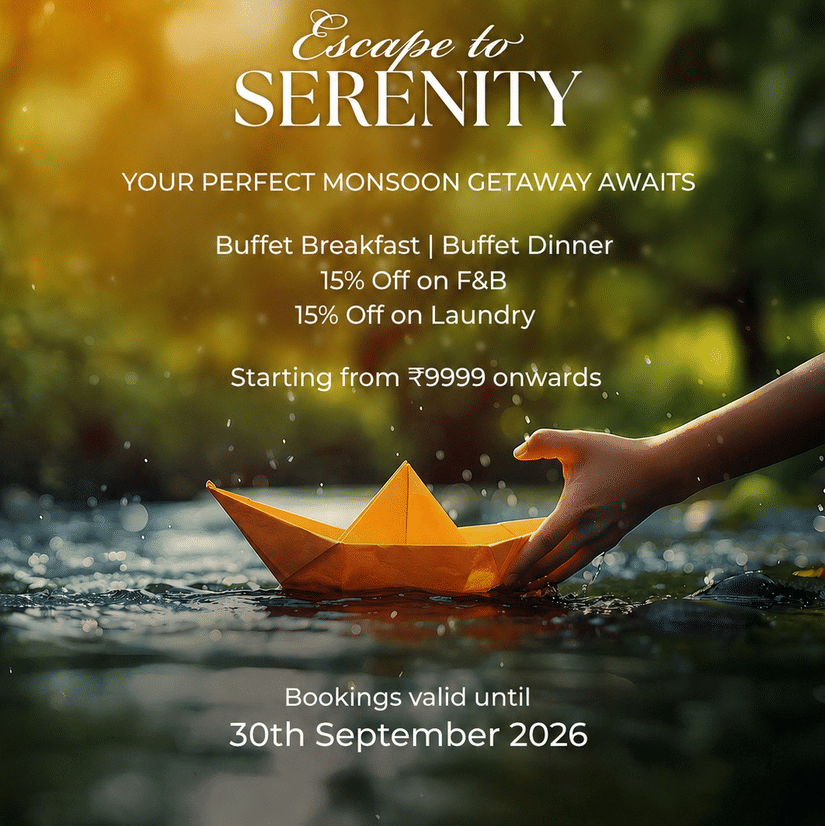 Monsoon package offer banner featuring a relaxing beachside stay with buffet meals, dining discounts, and laundry benefits starting at INR 9,999 onwards.
