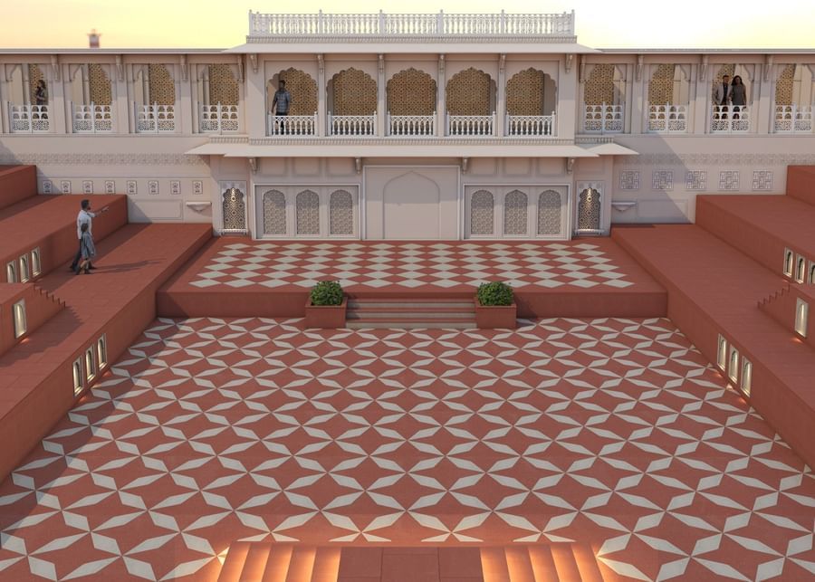 Umaid Palace courtyard showing geometric patterned floor and steps.