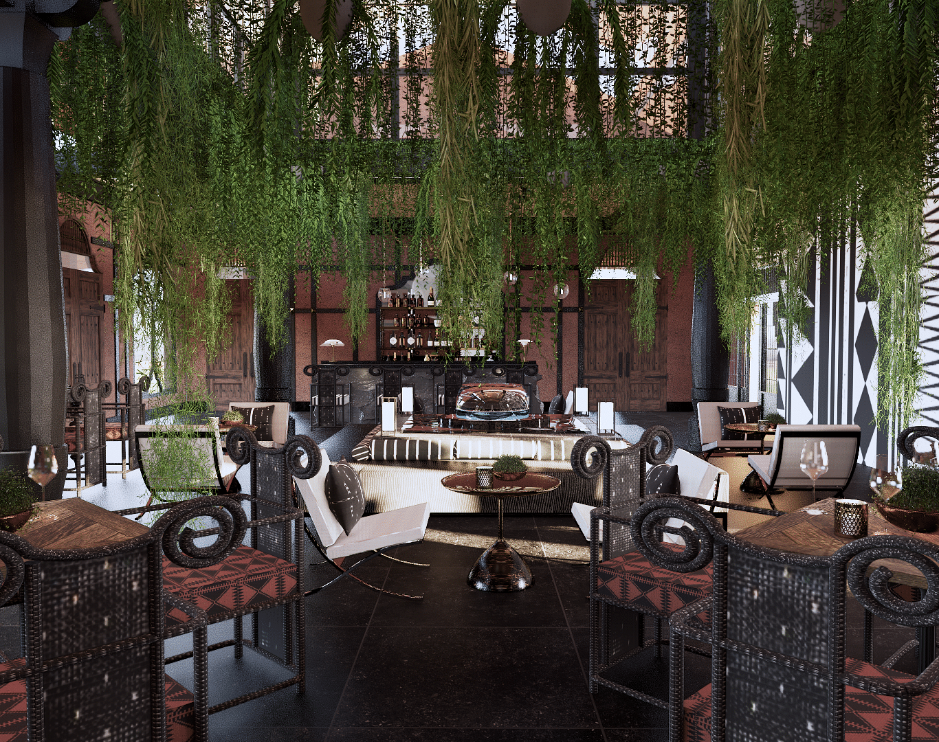 A lounge area with tables and chairs, hanging plants, and a bar counter in the background - Rhino and River BluSalzz Collection, Pobitora