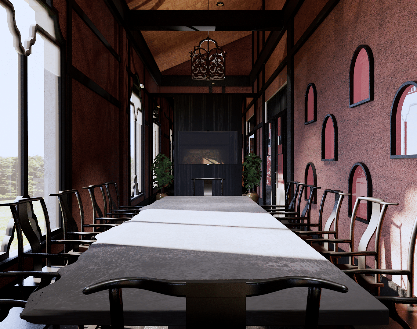 A long dining table with chairs, set in a room with arched windows and decorative wall cutouts - Rhino and River BluSalzz Collection, Pobitora