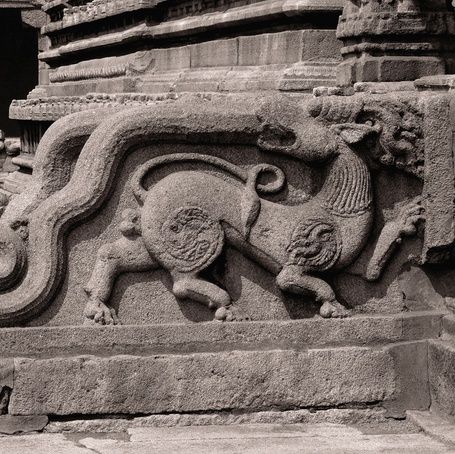 Mythical Yali creature stone carving at a Hampi temple.