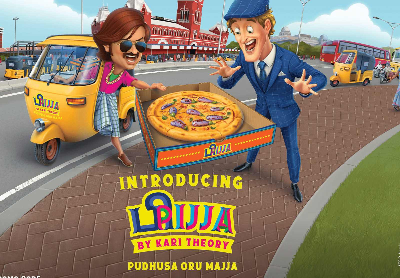 A vibrant ad for Pijja by Kari Theory, featuring a Chennai-style pizza delivery scene near Central Station.