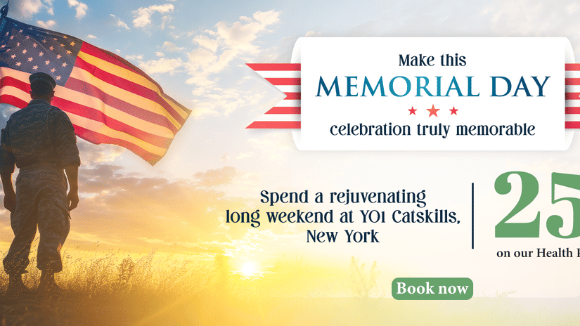 A soldier standing in front of the US flag as the sun is rising from the horizon as the text says - Make this Memorial Day celebration truly memorable. 25% off on our health programs at YO1 Longevity & Health Resorts