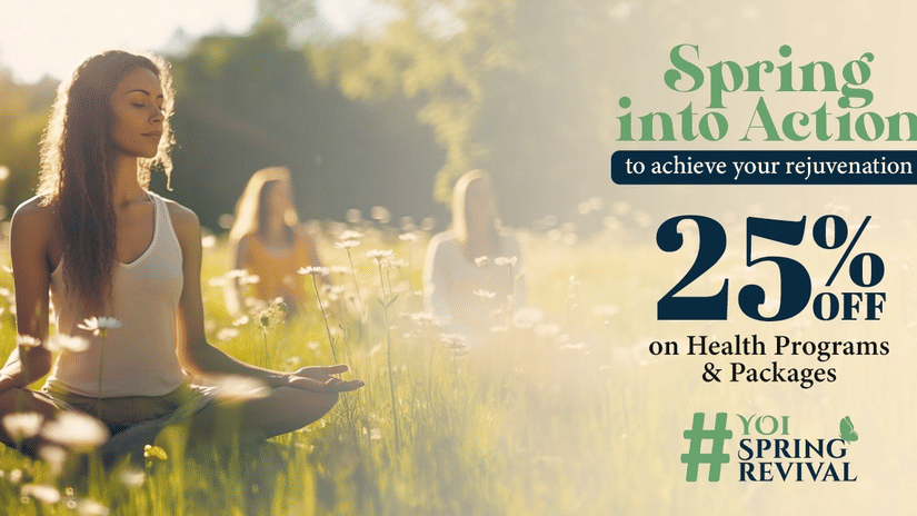 Spring into action offer banner featuring a group of women meditating in a wild garden on a sunny day at YO1 Longevity & Health Resorts, Catskills