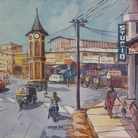 Watercolor painting of Virajpet Clock Tower square