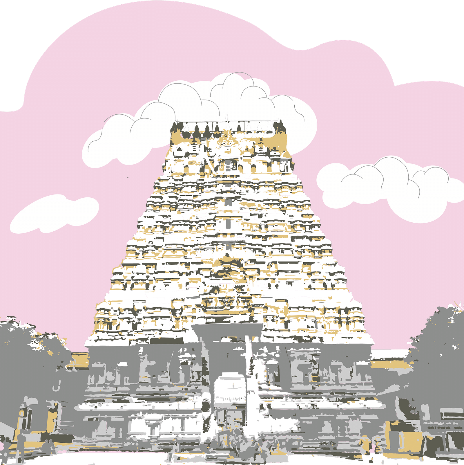 A grand temple gopuram in soft tones stands beneath a dreamy pink sky with white clouds floating gently above.