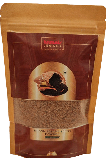 A sealed packet of black sesame seed powder