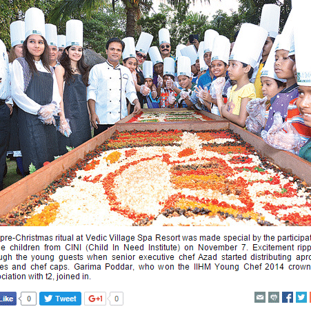A group of chefs and participants posing behind a large festive cake at Vedic Village Spa Resort during a Christmas event.