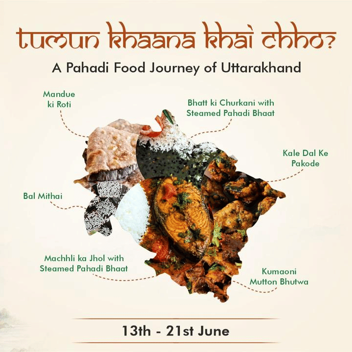 A promotional poster 'Tumun Khaana Khai Chho?' featuring traditional Uttarakhand cuisine and regional delicacies at Karma Lakelands.