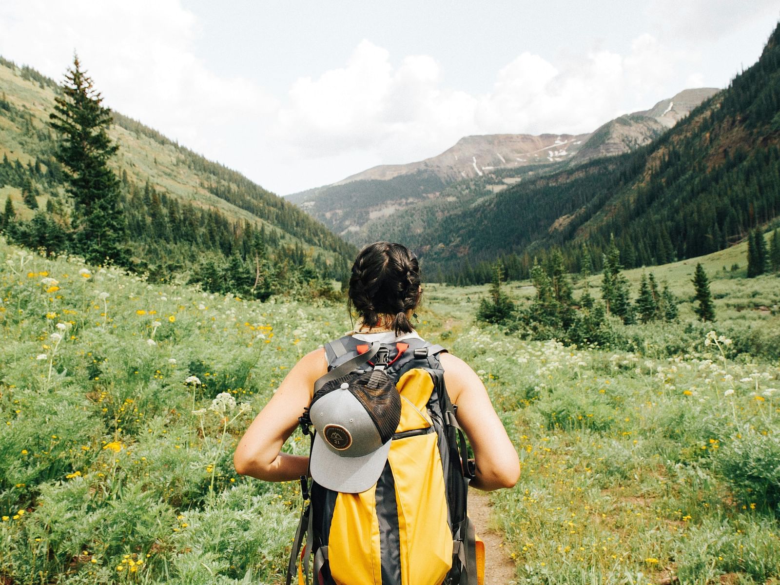 A woman backpacker standing in a lush green valley