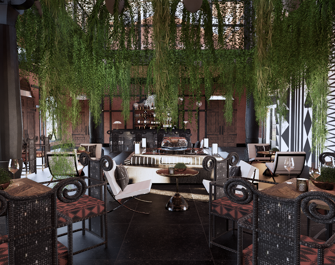 A lounge area with tables and chairs, hanging plants, and a bar counter in the background - Rhino and River BluSalzz Collection, Pobitora