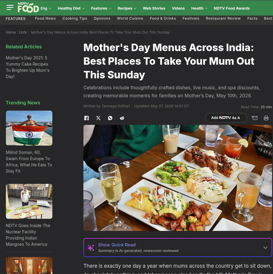 Digital Press release of NDTV food featuring Karma Lakelands highlighting Mother’s Day brunch experiences and dining offerings.