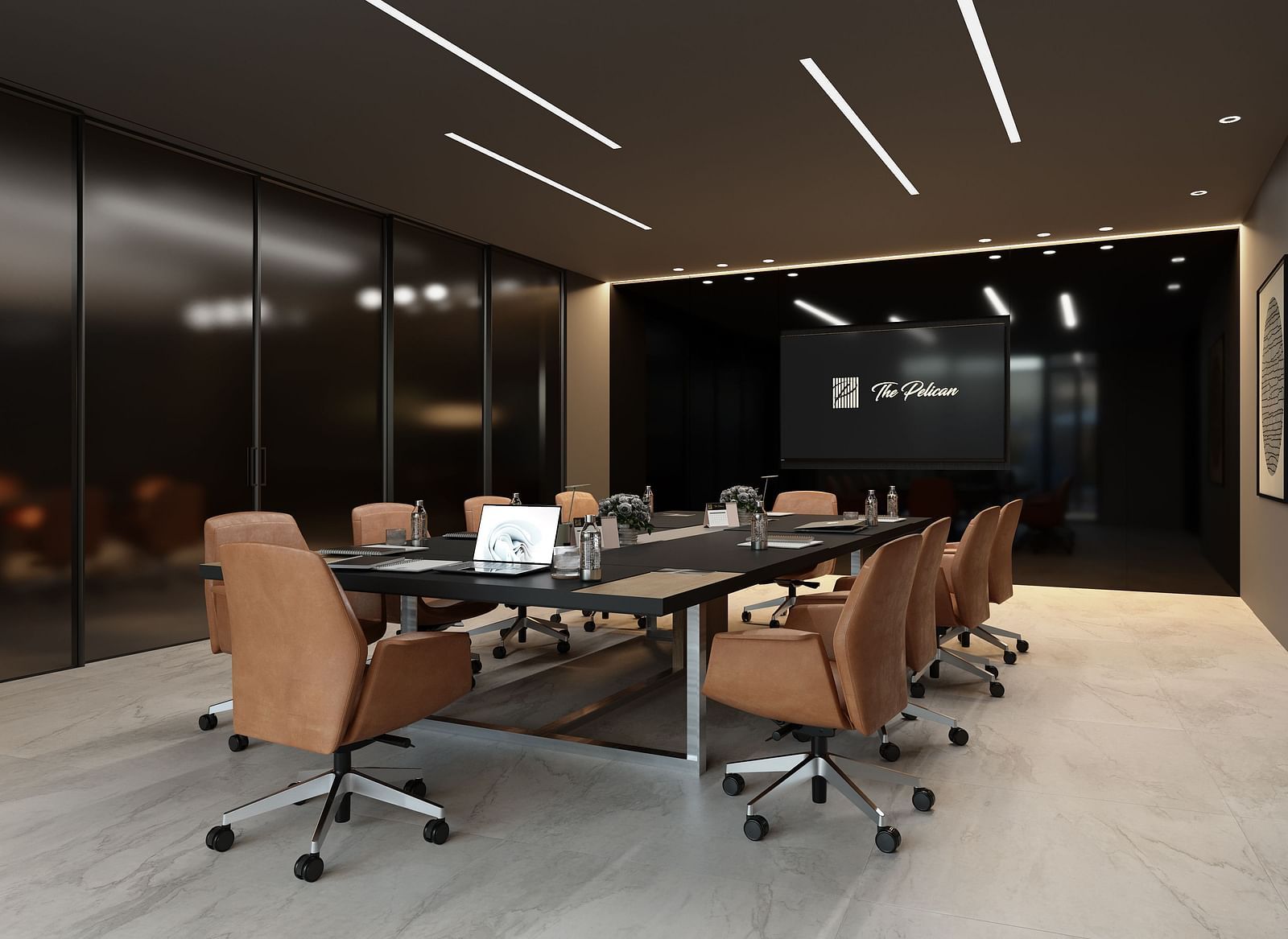 A boardroom meeting area with a large table surrounded by chairs at The Pelican Hotel, Accra.