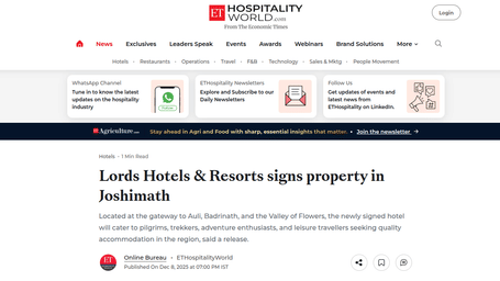 A PR post by Economic Times, stating Lords Hotels & Resorts announces hotel signing in Joshimath, Uttarakhand